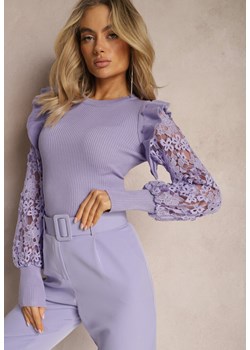 Fioletowy Sweter z Koronką i Bufiastym Rękawem Yuntus ze sklepu Renee odzież w kategorii Swetry damskie - zdjęcie 170068803