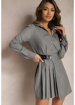 Szara Koszulowa Sukienka Utility z Plisowaną Asymetryczną Spódnicą z Paskiem Mussoria ze sklepu Renee odzież w kategorii Sukienki - zdjęcie 170068833