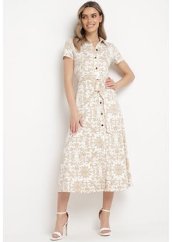 Beżowa Sukienka Midi Koszulowa z Paskiem w Talii w Ornamentalny Print Fiamea ze sklepu Born2be Odzież w kategorii Sukienki - zdjęcie 170109623