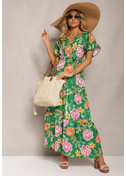 Zielona Sukienka z Kopertowym Dekoltem i Falbanką Ozdobiona Kwiatowym Motywem Nisavela ze sklepu Renee odzież w kategorii Sukienki - zdjęcie 170109643