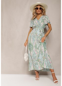 Jasnozielona Rozkloszowana Sukienka z Wiskozy z Paskiem i Ozdobnym Wzorem Briarwin ze sklepu Renee odzież w kategorii Sukienki - zdjęcie 170109741