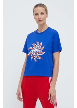 adidas t-shirt bawełniany x FARM Rio damski kolor niebieski IQ4485 ze sklepu ANSWEAR.com w kategorii Bluzki damskie - zdjęcie 170116654
