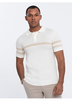 Męska koszulka polo z miękkiej dzianiny z kontrastowymi pasami - kremowa V3 OM-POSS-0118 ze sklepu ombre w kategorii T-shirty męskie - zdjęcie 170128324