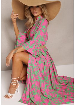 Zielona Rozkloszowana Sukienka Maxi na Guziki z Abstrakcyjnym Wzorem Uvellia ze sklepu Renee odzież w kategorii Sukienki - zdjęcie 170131053