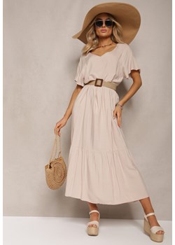 Jasnobeżowa Rozkloszowana Sukienka Maxi z Bawełny z Trójkątnym Dekoltem Nastal ze sklepu Renee odzież w kategorii Sukienki - zdjęcie 170131070
