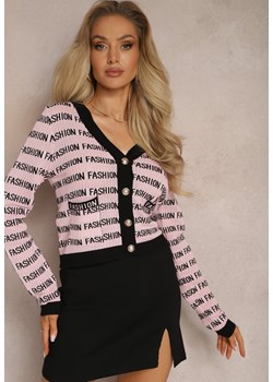 Różowy Krótki Kardigan z Napisami Fashion i Guzikami Winifa ze sklepu Renee odzież w kategorii Swetry damskie - zdjęcie 170131130