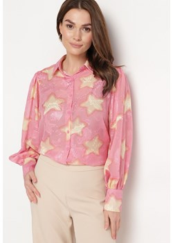 Różowa Koszula z Prześwitującego Materiału w Gwiazdki z Bufiastymi Rękawami Aspadi ze sklepu Born2be Odzież w kategorii Koszule damskie - zdjęcie 170131724