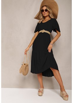 Czarna Rozkloszowana Sukienka Midi z Bawełny z Falbanką i Krótkim Rękawem Ilenntia ze sklepu Renee odzież w kategorii Sukienki - zdjęcie 170140301