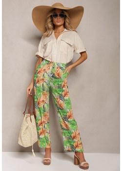 Zielono-Pomarańczowe Spodnie z Wiskozy z Szerokimi Nogawkami Ozdobione Wzorem w Egzotyczne Liście Filea ze sklepu Renee odzież w kategorii Spodnie damskie - zdjęcie 170140532