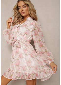 Biało-Różowa Rozkloszowana Sukienka z Falbankami i Materiałowym Paskiem w Talii Viorena ze sklepu Renee odzież w kategorii Sukienki - zdjęcie 170140644