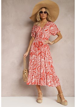 Czerwono-Beżowa Sukienka Letnia z Gumką w Talii i Ozdobnymi Chwostami Aleriana ze sklepu Renee odzież w kategorii Sukienki - zdjęcie 170140691