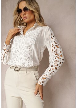 Biała Ażurowa Koszula ze Stójką w Stylu Vintage Jirdima ze sklepu Renee odzież w kategorii Koszule damskie - zdjęcie 170140821
