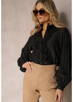 Czarna Koszula w Stylu Vintage Ozdobiona Falbankami z Perełkami z Przodu Calipso ze sklepu Renee odzież w kategorii Koszule damskie - zdjęcie 170140831