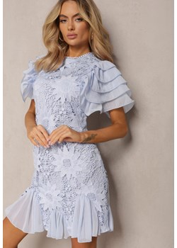 Jasnoniebieska Sukienka Dopasowana Mini z Koronką i Falbankami Offiamea ze sklepu Renee odzież w kategorii Sukienki - zdjęcie 170140881