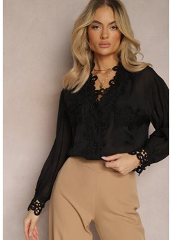 Czarna Koszula z Perełkami i Koronkowymi Wstawkami Saceal ze sklepu Renee odzież w kategorii Koszule damskie - zdjęcie 170140891