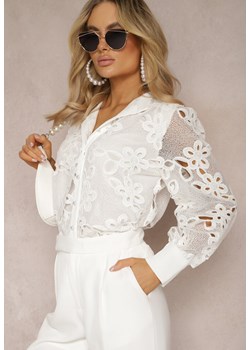 Biała Ażurowa Koszula z Bufiastymi Rękawami w Kwiaty Rarona ze sklepu Renee odzież w kategorii Koszule damskie - zdjęcie 170140981