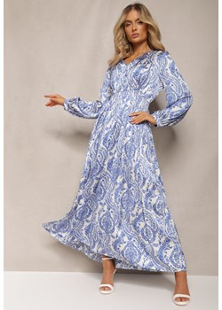 Niebieska Rozkloszowana Sukienka z Gumką w Talii i Plisami z Ornamentalnym Printem Juvana ze sklepu Renee odzież w kategorii Sukienki - zdjęcie 170141041