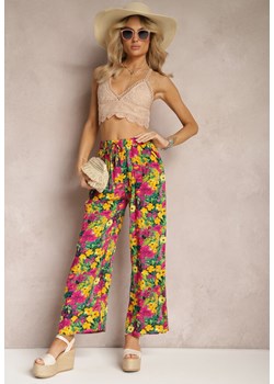Żółto-Różowe Wiskozowe Spodnie z Prostą Nogawką High Waist w Kwiatowy Wzór Zaranima ze sklepu Renee odzież w kategorii Spodnie damskie - zdjęcie 170141111