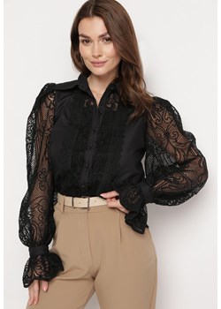 Czarna Koszula z Bufiastymi Rękawami Ozdobiona Koronkowymi Wstawkami Cherala ze sklepu Born2be Odzież w kategorii Koszule damskie - zdjęcie 170153560