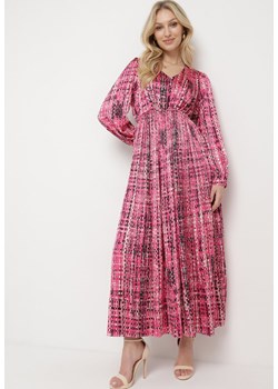 Fuksjowa Sukienka Maxi z Gumką w Talii i Plisowanym Dołem w Tweedowy Wzór Viostana ze sklepu Born2be Odzież w kategorii Sukienki - zdjęcie 170153742