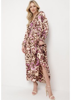 Beżowo-Fioletowa Satynowa Sukienka Maxi w Ornamentalny Wzór z Gumką w Talii Lainare ze sklepu Born2be Odzież w kategorii Sukienki - zdjęcie 170154041
