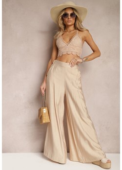 Beżowe Szerokie Spodnie Casualowe z Gumką w Pasie Indala ze sklepu Renee odzież w kategorii Spodnie damskie - zdjęcie 170154214