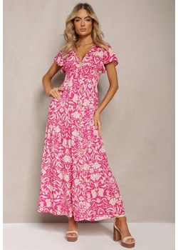 Różowa Maxi Sukienka Rozkloszowana z Kopertowym Dekoltem w Kwiatowy Wzór Leivori ze sklepu Renee odzież w kategorii Sukienki - zdjęcie 170154222