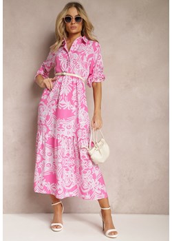 Różowa Rozkloszowana Sukienka Długa z Falbanką w Ornamentalny Print Naraoda ze sklepu Renee odzież w kategorii Sukienki - zdjęcie 170172850