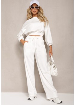 Biały Bawełniany Komplet Bluza Krótka ze Ściągaczem i Szerokie Spodnie ze Sznurkiem w Pasie Rionnea ze sklepu Renee odzież w kategorii Dresy damskie - zdjęcie 170183061