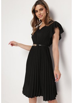 Czarna Sukienka Rozkloszowana Midi z Plisowanym Dołem Sabara ze sklepu Born2be Odzież w kategorii Sukienki - zdjęcie 170184254