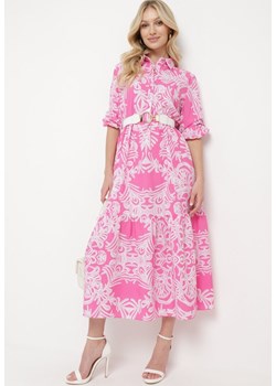 Różowa Długa Sukienka Rozkloszowana w Ornamentalny Wzór z Falbanką  Ariantise ze sklepu Born2be Odzież w kategorii Sukienki - zdjęcie 170184660