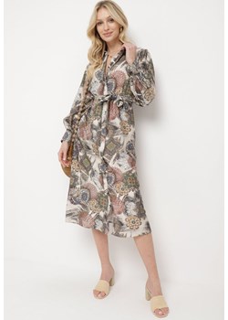 Beżowa Sukienka Koszulowa z Wiązanym Paskiem i Etno Wzorem Stikka ze sklepu Born2be Odzież w kategorii Sukienki - zdjęcie 170184720