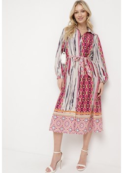 Fuksjowo-Beżowa Sukienka Koszulowa z Mozaikowym Wzorem i Wiązanym Paskiem Lilimea ze sklepu Born2be Odzież w kategorii Sukienki - zdjęcie 170184730