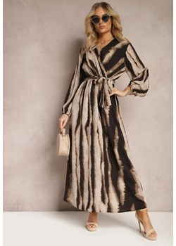 Brązowo-Czarna Rozkloszowana Sukienka Maxi z Kopertowym Dekoltem i Materiałowym Paskiem Efengia ze sklepu Renee odzież w kategorii Sukienki - zdjęcie 170217550