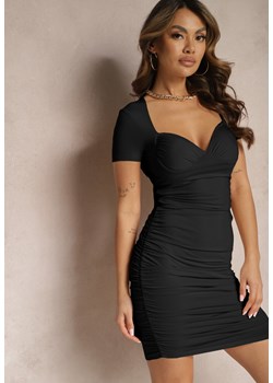 Czarna Dopasowana Sukienka Mini z Serduszkowym Dekoltem i Drapowaniem Hussoria ze sklepu Renee odzież w kategorii Sukienki - zdjęcie 170217590