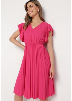 Ciemnoróżowa Sukienka Rozkloszowana Midi z Plisowanym Dołem Sabara ze sklepu Born2be Odzież w kategorii Sukienki - zdjęcie 170223890