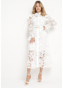 Biała Sukienka Maxi Koronkowa z Paskiem z Ekoskóry Dodatkowo Halka Fesumma ze sklepu Born2be Odzież w kategorii Sukienki - zdjęcie 170224221
