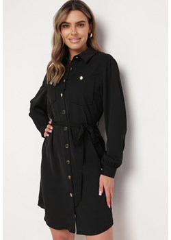 Czarna Sukienka Koszulowa z Wiązanym Paskiem Bufiastymi Rękawami Blemianna ze sklepu Born2be Odzież w kategorii Sukienki - zdjęcie 170224300