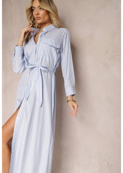 Niebieska Sukienka w Paski w Koszulowym Stylu z Paskiem i Długim Rękawem Desperse ze sklepu Renee odzież w kategorii Sukienki - zdjęcie 170231414