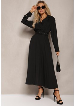 Czarna Sukienka o Rozkloszowanym Fasonie z Paskiem i Kopertowym Dekoltem Tifena ze sklepu Renee odzież w kategorii Sukienki - zdjęcie 170231450