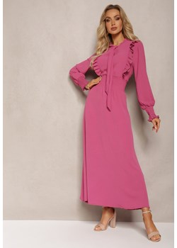 Ciemnoróżowa Maxi Sukienka Rozkloszowana z Falbankami i Wiązaniem przy Dekolcie Pallam ze sklepu Renee odzież w kategorii Sukienki - zdjęcie 170231644