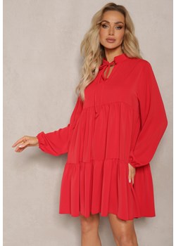 Czerwona Sukienka o Rozkloszowanym Fasonie z Falbanką i Okrągłym Dekoltem Vasaia ze sklepu Renee odzież w kategorii Sukienki - zdjęcie 170231694
