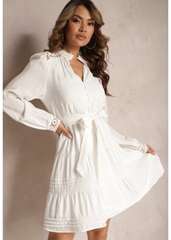 Biała Rozkloszowana Sukienka z Koronkowymi Wstawkami i Wiązaniem w Talii Padria ze sklepu Renee odzież w kategorii Sukienki - zdjęcie 170231724