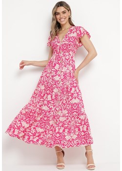 Różowa Rozkloszowana Sukienka Maxi z Luźnym Rękawem w Kwiatowy Print Oxeria ze sklepu Born2be Odzież w kategorii Sukienki - zdjęcie 170232472