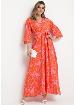 Pomarańczowa Plisowana Sukienka Maxi z Kopertowym Dekoltem Wiązana w Pasie Irmgardia ze sklepu Born2be Odzież w kategorii Sukienki - zdjęcie 170232482