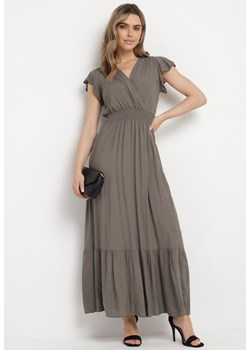 Ciemnobeżowa Bawełniana Sukienka Maxi z Falbankami i Gumką w Pasie Perinthe ze sklepu Born2be Odzież w kategorii Sukienki - zdjęcie 170232700
