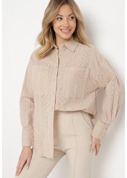 Ciemnobeżowa Wiskozowa Koszula w Ażurowy Wzór Asaimes ze sklepu Born2be Odzież w kategorii Koszule damskie - zdjęcie 170232940