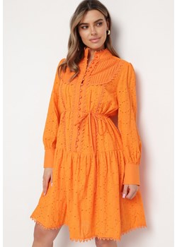Pomarańczowa Sukienka z Haftowanej Tkaniny ze Stójką i Perłowymi Guzikami  Salino ze sklepu Born2be Odzież w kategorii Sukienki - zdjęcie 170233160