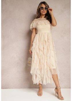 Beżowa Rozkloszowana Sukienka z Transparentnymi Wstawkami z Koronki Saela ze sklepu Renee odzież w kategorii Sukienki - zdjęcie 170247422