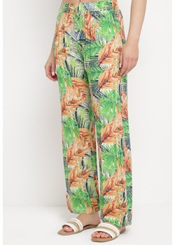 Zielono-Pomarańczowe Szerokie Spodnie z Wiskozy z Elastyczną Gumką w Pasie z Roślinnym Wzorem Tezosa ze sklepu Born2be Odzież w kategorii Spodnie damskie - zdjęcie 170260190